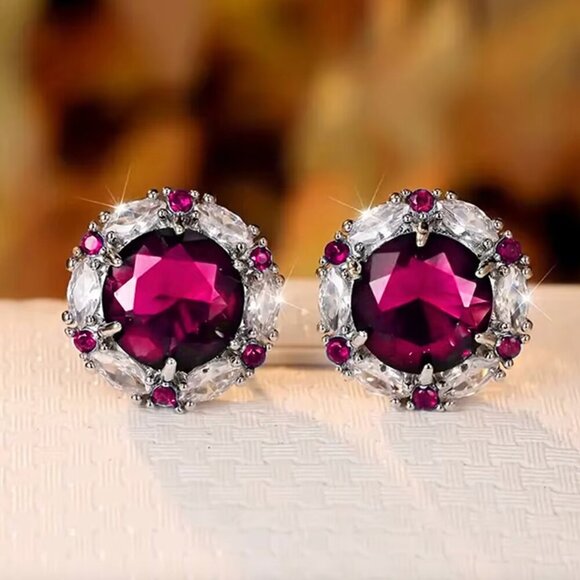 18k White Gold Ruby Red Diamond Earrings Round Earrings - Picture 3 of 4